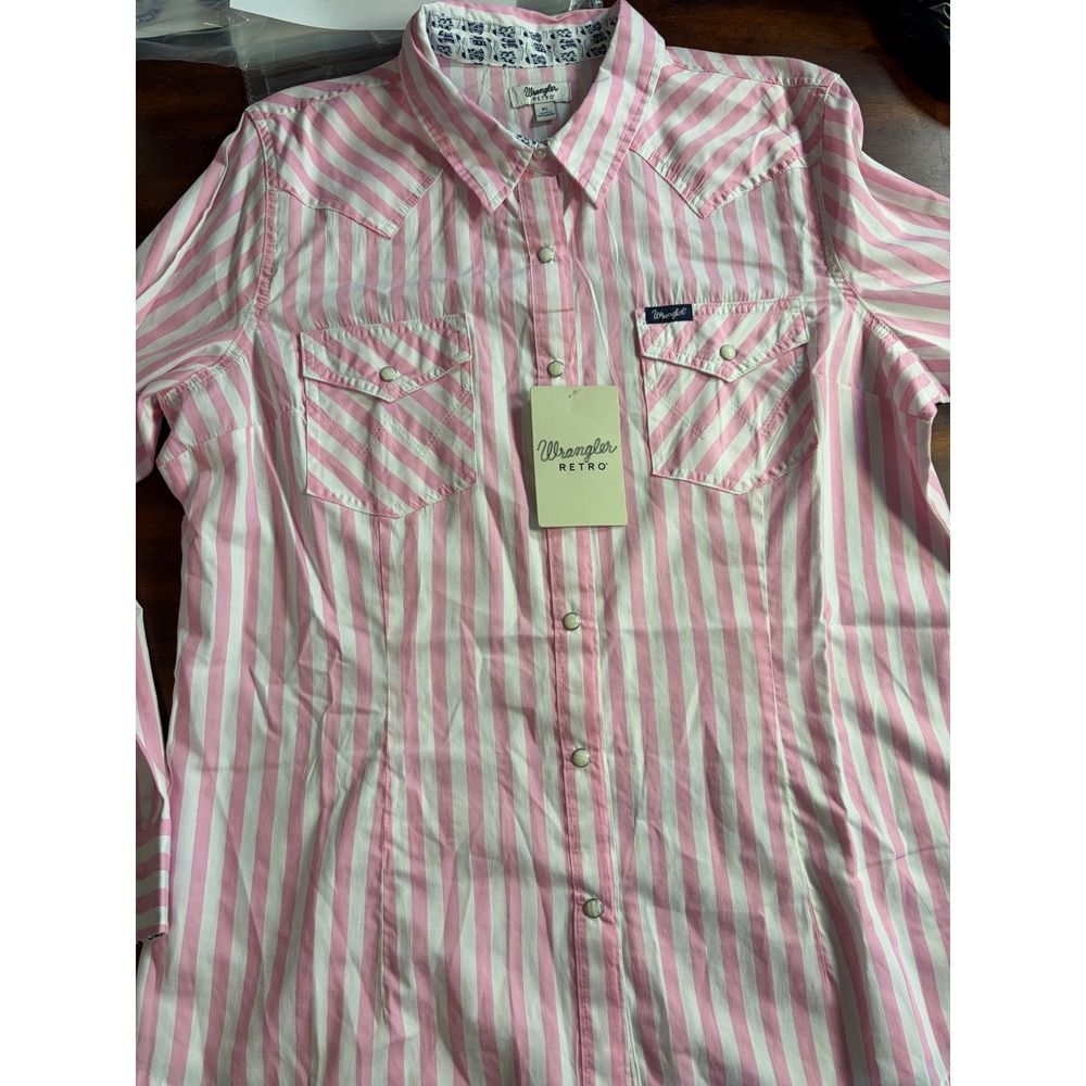 Wrangler Retro Womens XL Pink White Striped Pearl Snap Western Shirt NWT